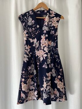 Vince Camuto Navy Midi Floral Fit-and-Flare Dress with Pink Accents
